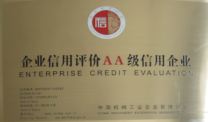 2008年3月，公司被中國機械工業企業管理協會授予“企業信用評價AA級信用企業”